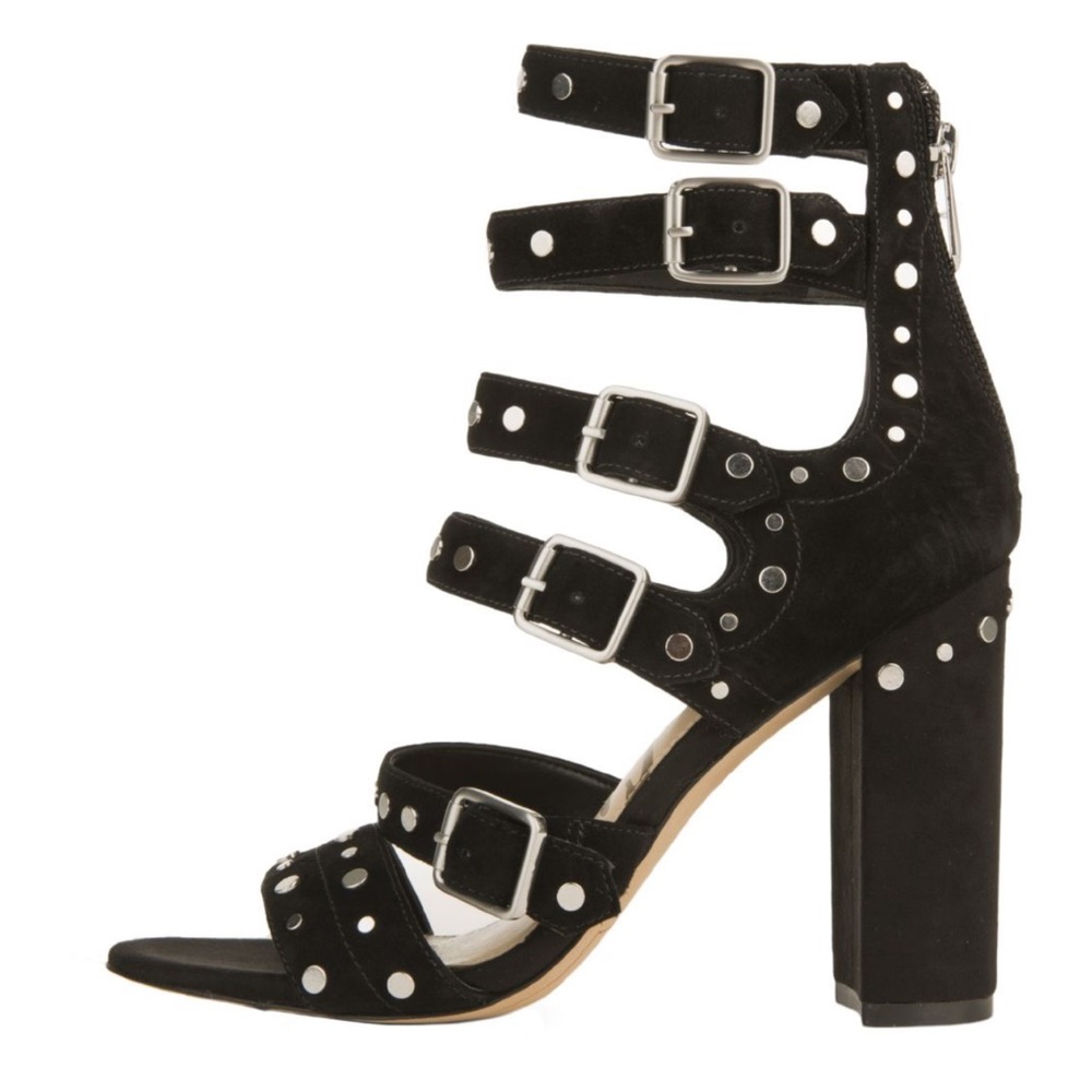 Sam Edelman York Black Leather Suede Studded Cylinder Heel Sandals Size 6M